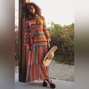 Anthropologie Farm Rio Luana Maxi Dress Size XS Long Sleeve Beach Boho Bohemian